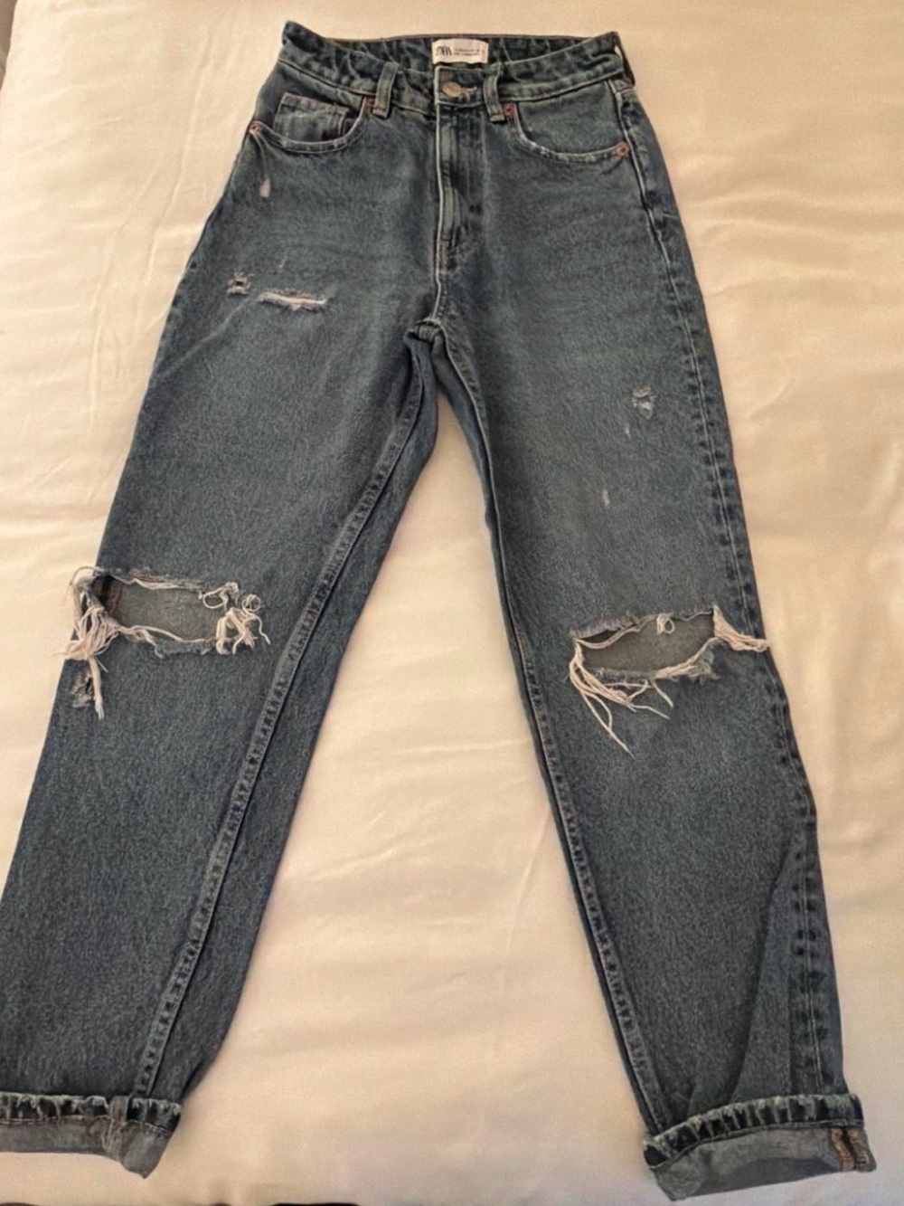 Zara Distressed High-Waist Blue Denim Jeans